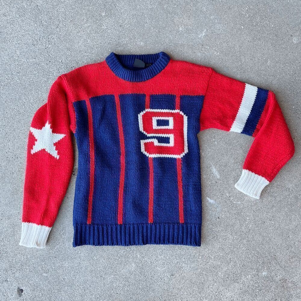 Vintage 80s TG KIDS Retro Sporty Knit Sweater Jersey Style w/ Number 9, Stars, M